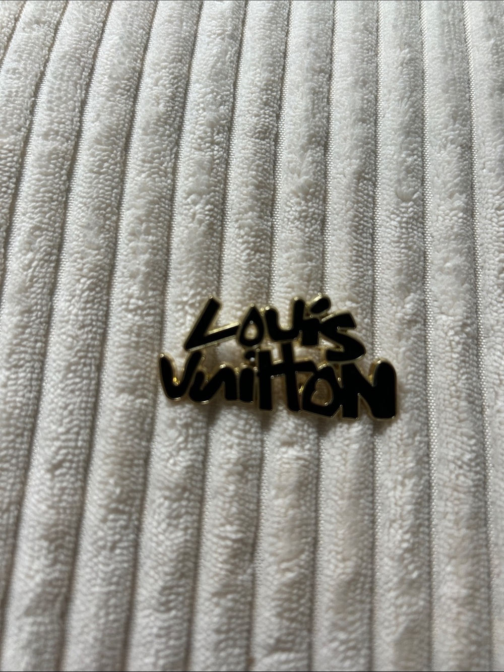 087. Gold Script with Black Enamel Upcycled & Stamped Logo Brooch.